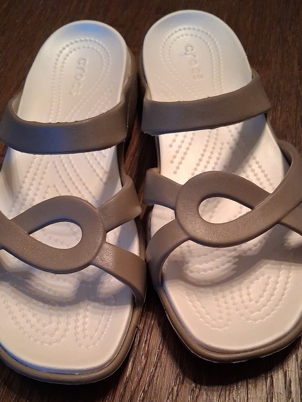 CROCS Women's Two-Tone Slide Sandals in Taupe and White